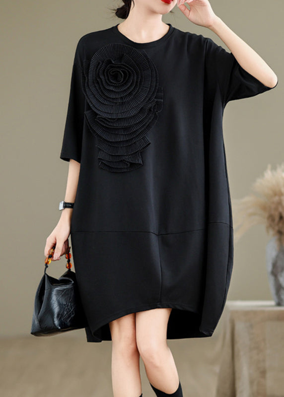 French Black O-Neck Floral Wrinkled Long Dresses Summer UU036