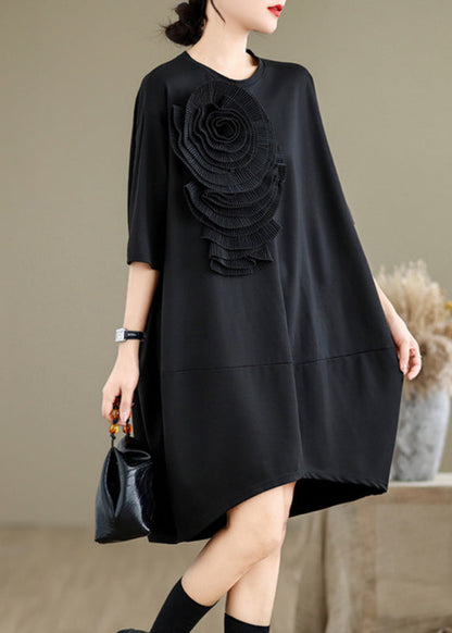 French Black O-Neck Floral Wrinkled Long Dresses Summer UU036