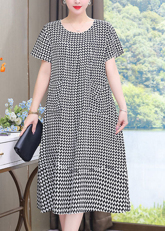 French Black O-Neck Plaid Patchwork Maxi Dresses Summer VB1052