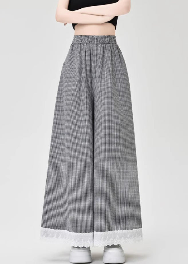 French Leg Lace Wide Cotton Patchwork Summer Pants Black Plaid