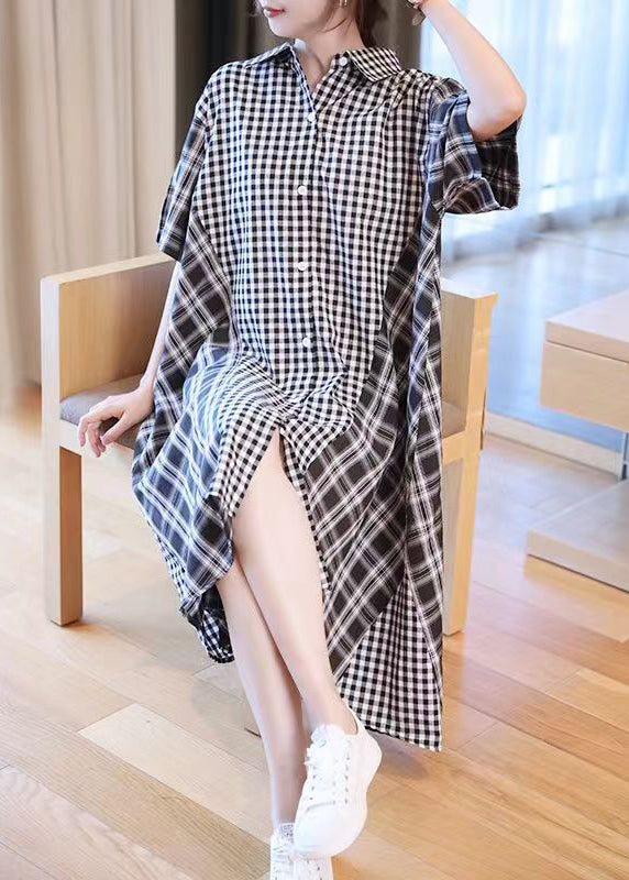 French Black Plaid Patchwork Button Long Shirts Dresses Short Sleeve GH1030