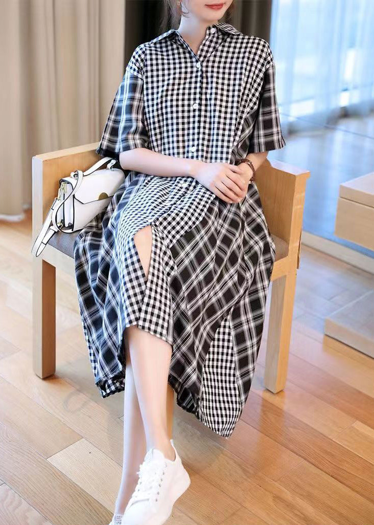 French Black Plaid Patchwork Button Long Shirts Dresses Short Sleeve GH1030