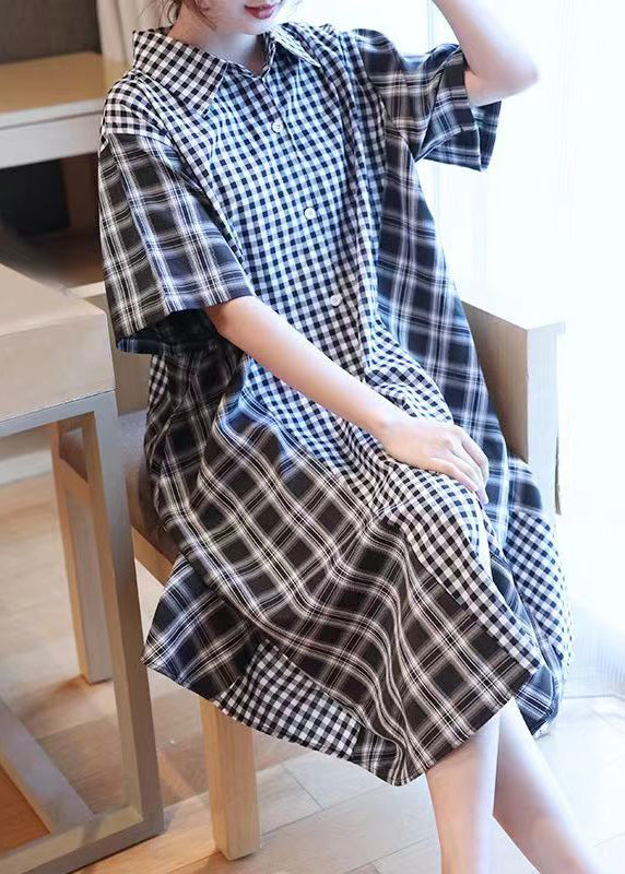 French Black Plaid Patchwork Button Long Shirts Dresses Short Sleeve GH1030