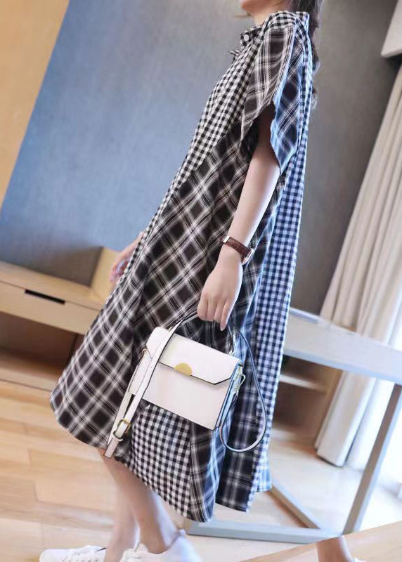 French Black Plaid Patchwork Button Long Shirts Dresses Short Sleeve GH1030