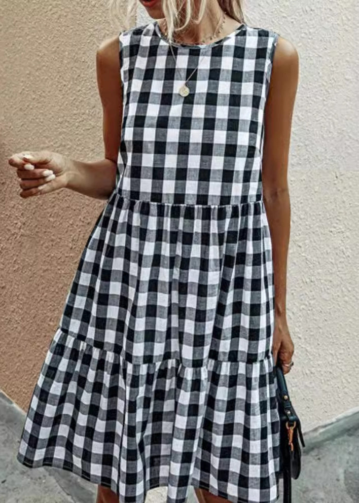 Sleeveless French Black Pockets Plaid Dress Cotton