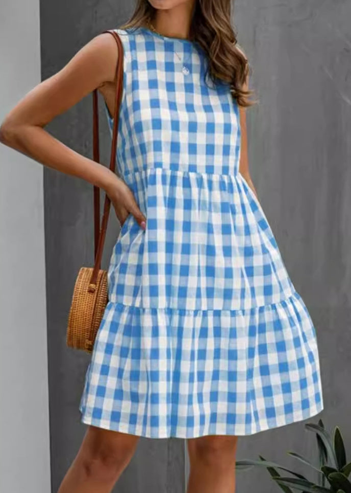 Pockets Black Dress Cotton Sleeveless Plaid French
