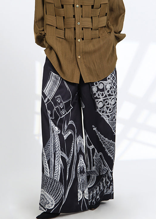 French Black Print Pockets Elastic Waist Silk Pants Spring Ada Fashion