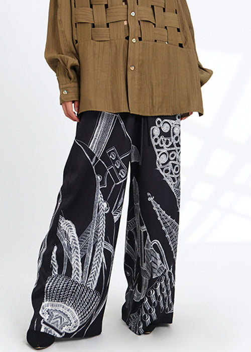 French Black Print Pockets Elastic Waist Silk Pants Spring Ada Fashion