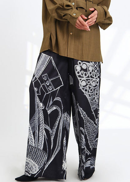 French Black Print Pockets Elastic Waist Silk Pants Spring Ada Fashion