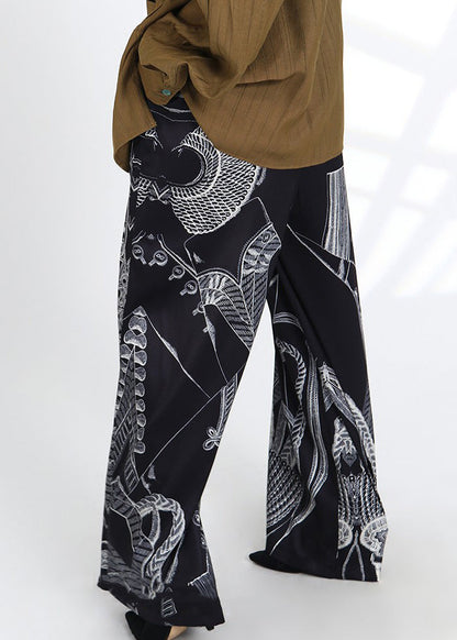 French Black Print Pockets Elastic Waist Silk Pants Spring Ada Fashion