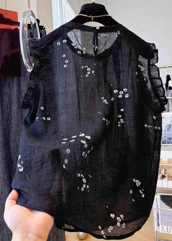 Summer Black French Ruffled Cotton Top Embroidered