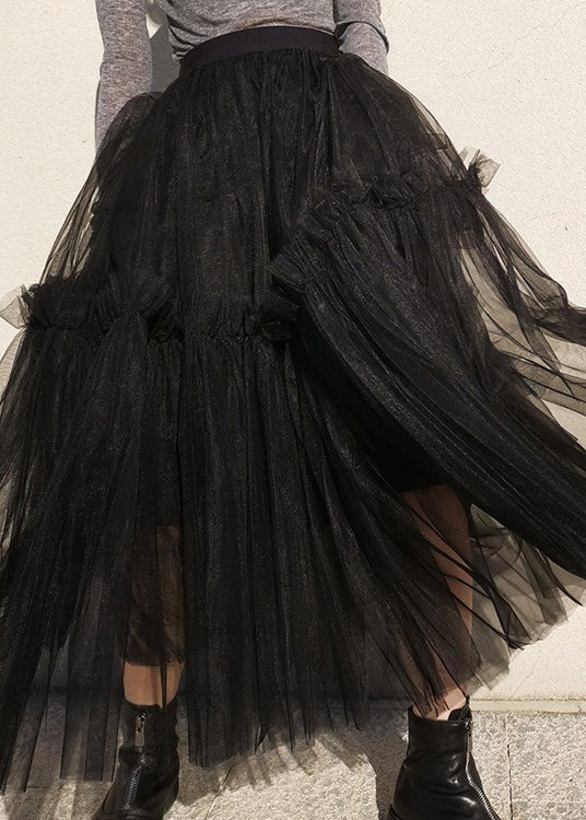 French Black Ruffled High Waist Tulle Skirts Summer Ada Fashion