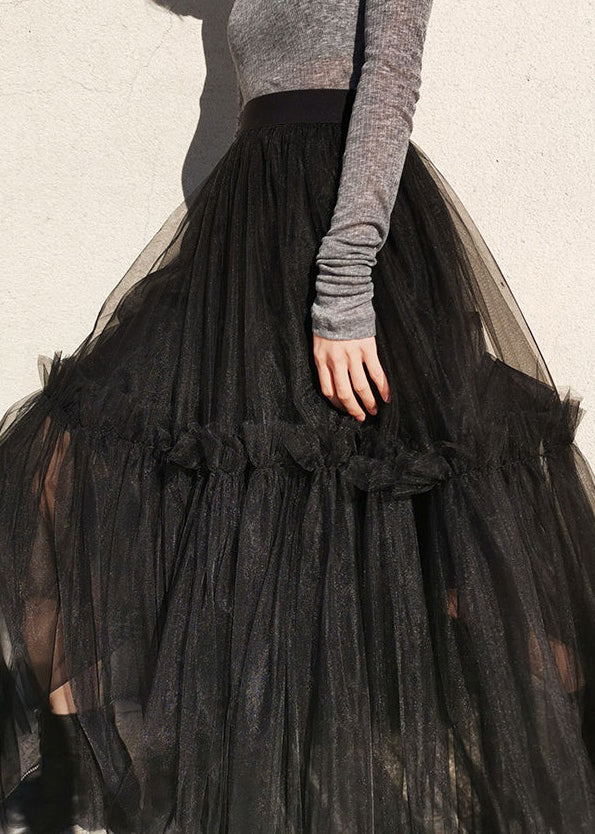 French Black Ruffled High Waist Tulle Skirts Summer Ada Fashion