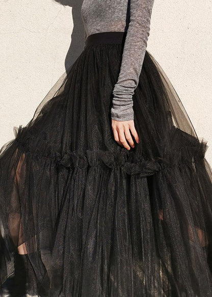 French Black Ruffled High Waist Tulle Skirts Summer Ada Fashion