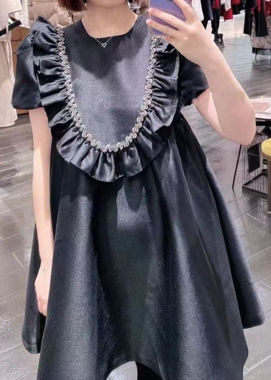 French Black Ruffled Zircon Cotton Mid Dress Summer Ada Fashion
