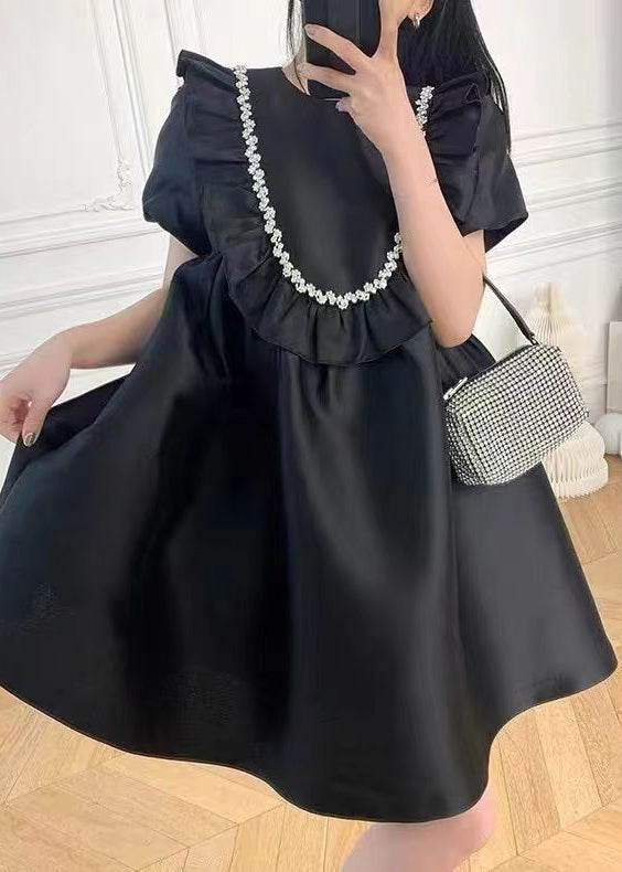 French Black Ruffled Zircon Cotton Mid Dress Summer Ada Fashion
