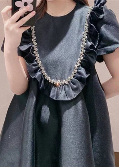 French Black Ruffled Zircon Cotton Mid Dress Summer Ada Fashion