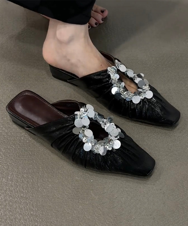 Slide Sandals Splicing Sequins Black French Wrinkled