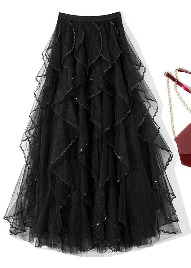 French Black Solid High Waist Tulle Skirt Summer Ada Fashion