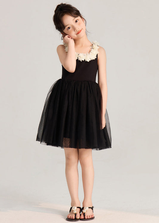 Robe mi-longue en tulle noir uni pour fille, patchwork, sans manches, EW037