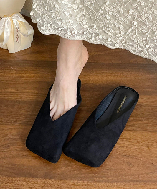 French Black Square Toe Suede Slide Sandals WT038