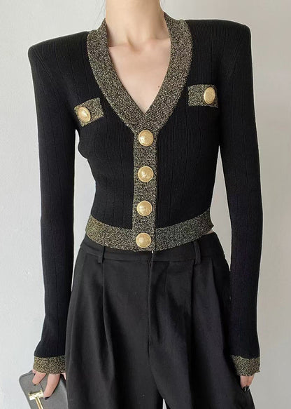 French Black V Neck Button Short Woolen Cardigan Spring RB003