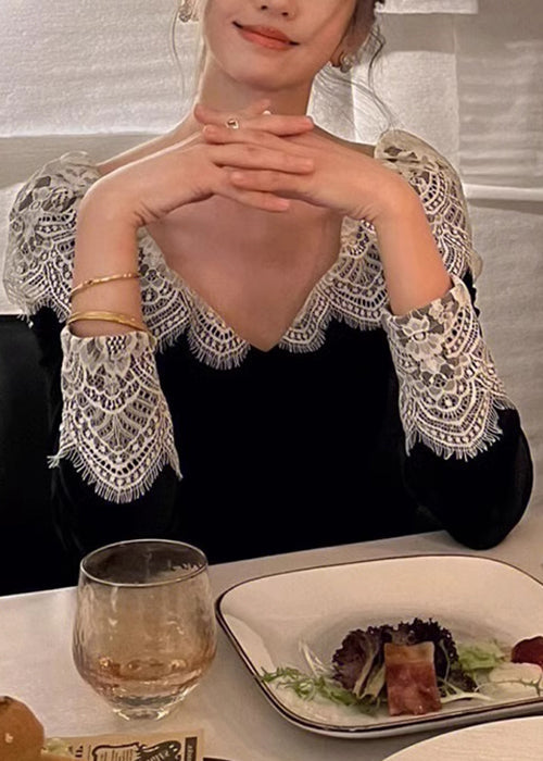 Robe en dentelle de soie à col en velours, printemps, patchwork en V français, noir