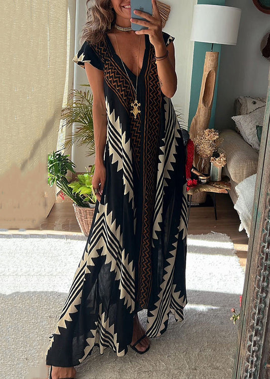 French Black V Neck Patchwork Chiffon Dress Summer TL022