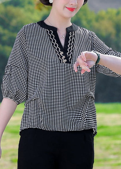 French Black V Neck Plaid Cotton Top Half Sleeve RE028