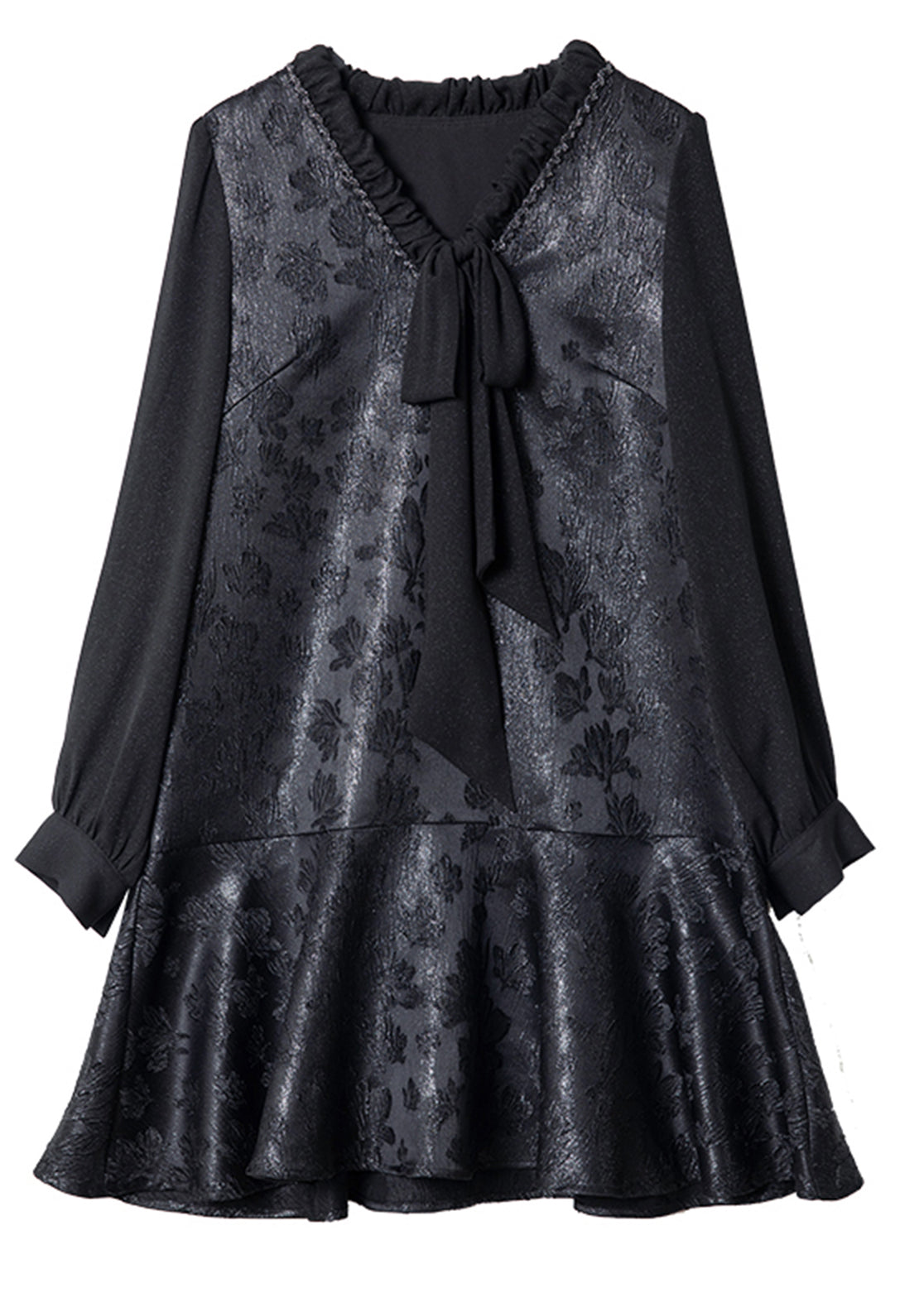 Französisches schwarzes V-Ausschnitt-Rüschen-Schleifen-Seiden-Urlaubs-Mid-Kleid Frühling TE039
