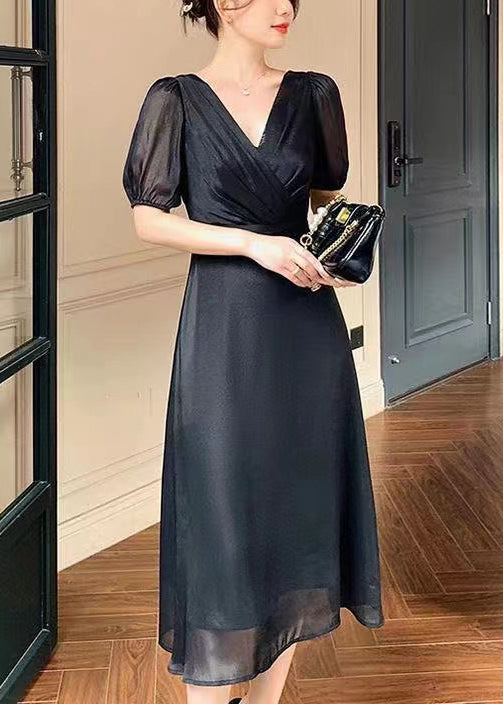 French Black V Neck Solid Silk Long Dresses Summer XX003