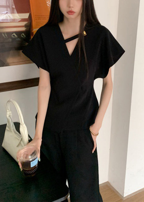 Black Solid V Neck Summer Shirt Spandex French