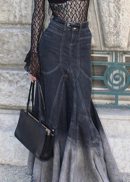 French Black Zippered High Waist Denim Fishtail Skirt Fall PP040