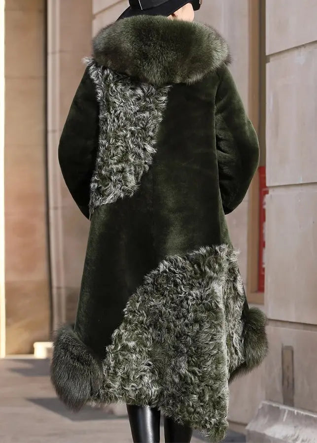 French Blackish Green Asymmetrical Fox Collar Patchwork Leather And Fur Coats Winter Ada Fashion