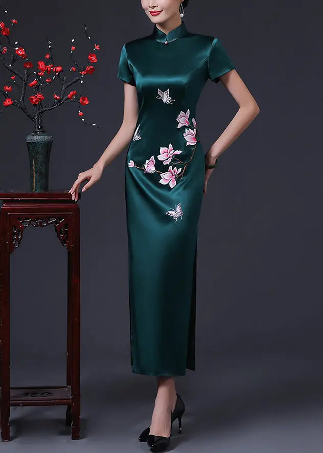 French Blackish Green Print Side Open Silk Long Dresses Summer Ada Fashion