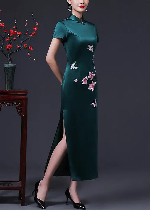 French Blackish Green Print Side Open Silk Long Dresses Summer Ada Fashion