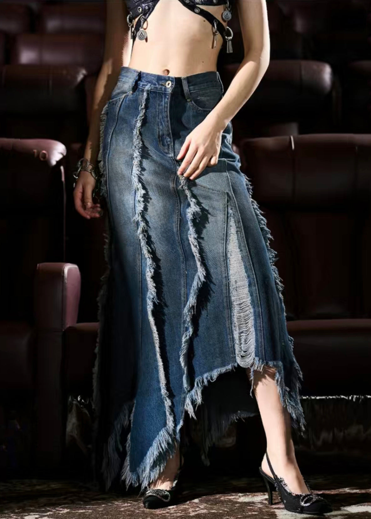 Jupe en jean à pompons asymétrique bleu français Été AW1015