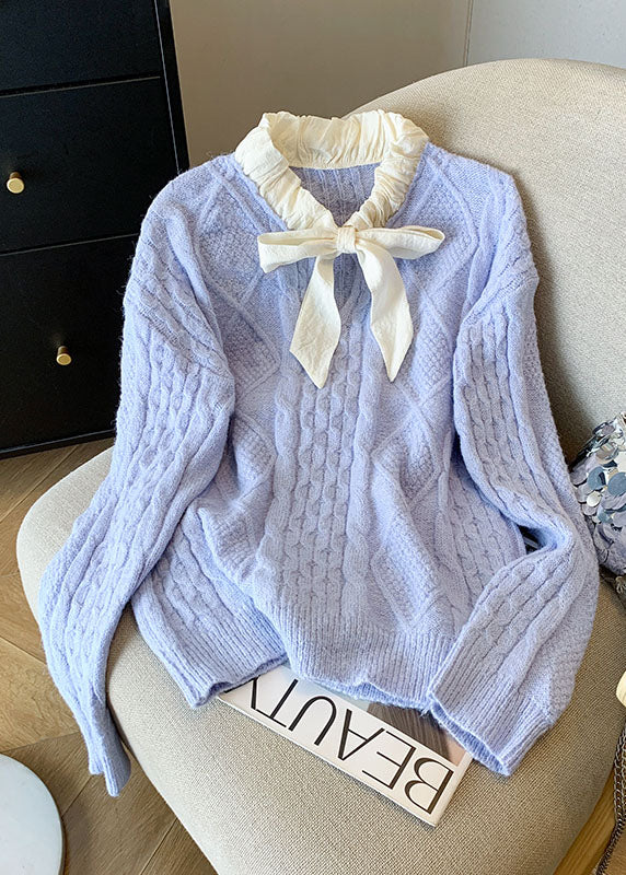 French Blue Bow Patchwork Knit Sweaters Tops Fall QI041