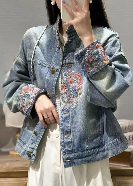 French Blue Embroidered Button Denim Coats Spring Ada Fashion
