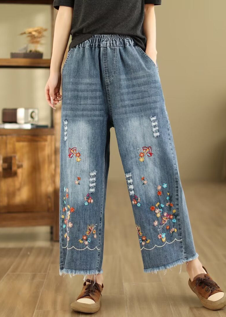 French Blue Embroidered Elastic Waist Denim Crop Pants Summer Ada Fashion