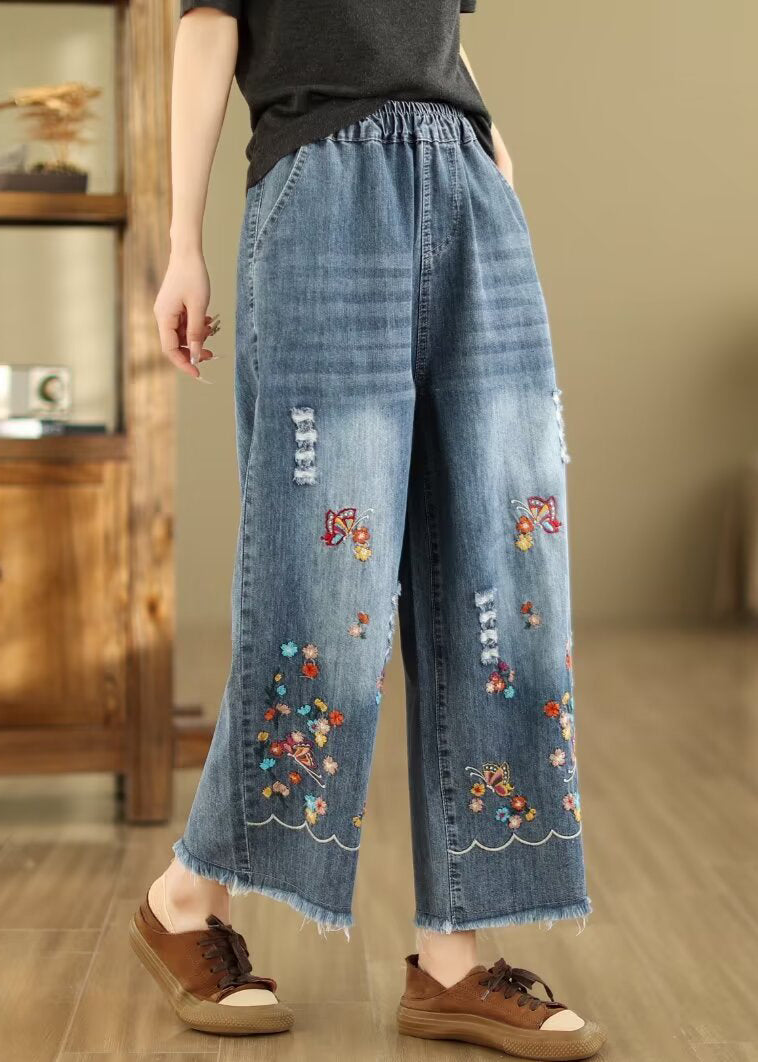 French Blue Embroidered Elastic Waist Denim Crop Pants Summer Ada Fashion
