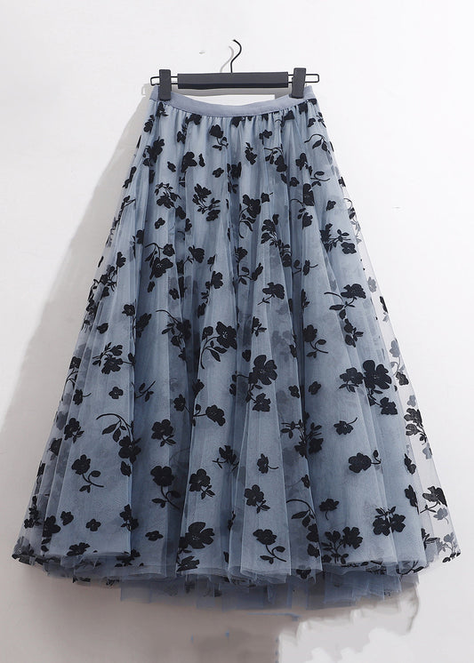 French Blue Floral Elastic Waist Tulle Skirts Summer Ada Fashion
