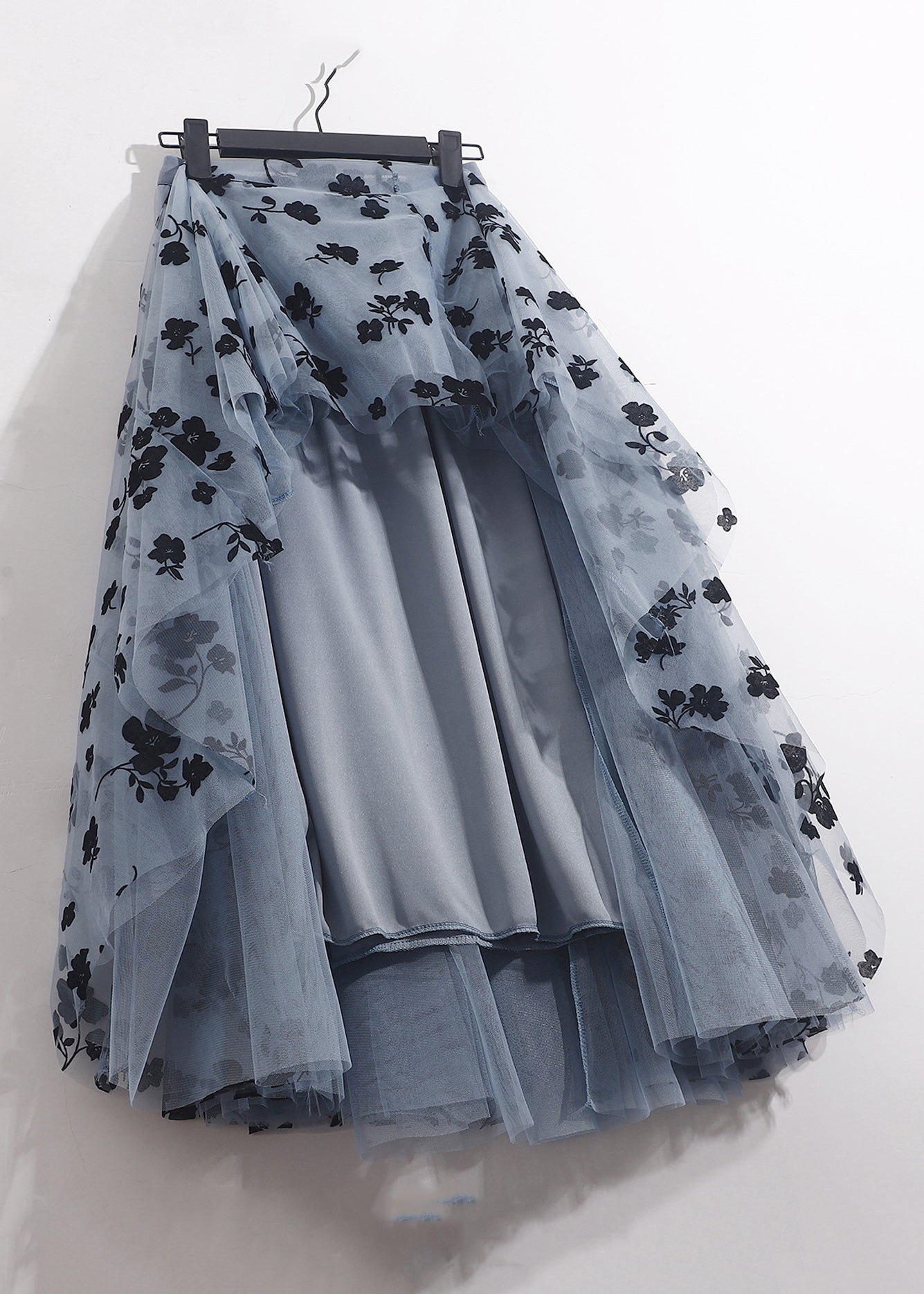 French Blue Floral Elastic Waist Tulle Skirts Summer Ada Fashion