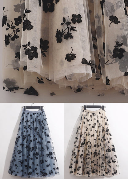 French Blue Floral Elastic Waist Tulle Skirts Summer Ada Fashion