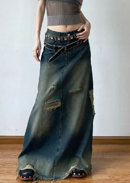 French Blue Hole High Waist Denim Maxi Skirts Summer AW1014