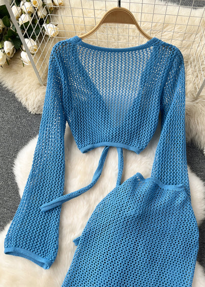 French Blue Hollow Out Tops And Side Open Skirts Knit Two Pieces Set Fall TR042