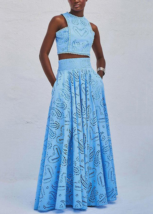 Röcke Und Stück Baumwolle Blau Tops Französisch Set Zwei Aushöhlen