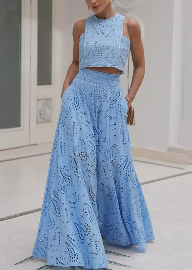 Röcke Und Stück Baumwolle Blau Tops Französisch Set Zwei Aushöhlen