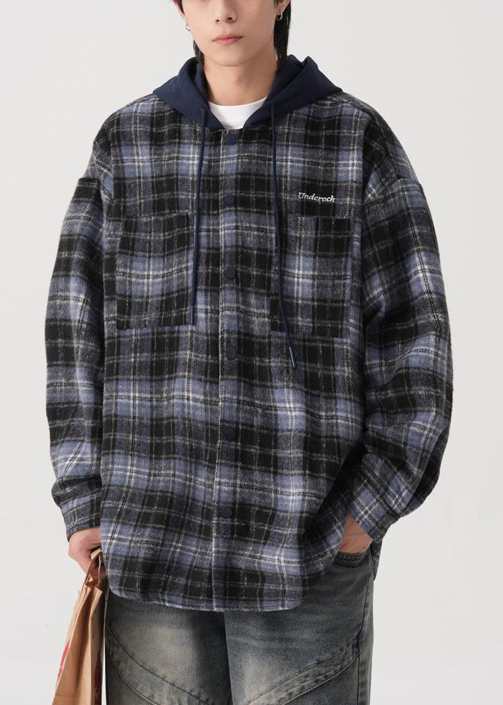 Cotton Mens Button Hooded Blue French Coats Plaid Spring