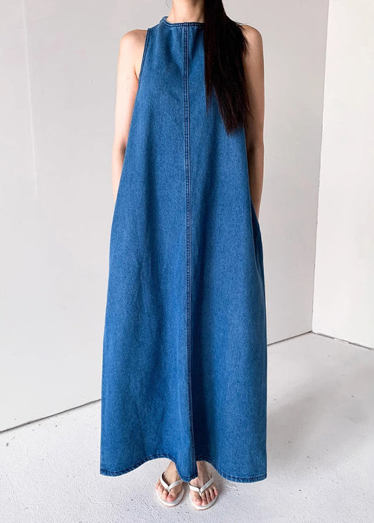 Blue Pockets French Dresses Up Lace Denim Sleeveless Long